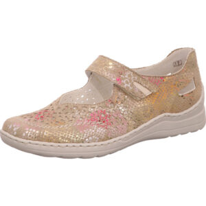 Rieker Damen halbschuh mit einem klett beige rosa buntem Motiv und heller sohle