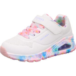Skechers Uno Kinderschuh mit offener Dämpfung weiß mit pin k blau Sohle und einem Klett