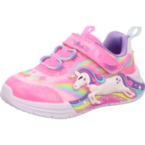 Skechers unicorn chaser Kinderschuh mit einem klett pink gleb grün lila und einem Einhorn als Motiv