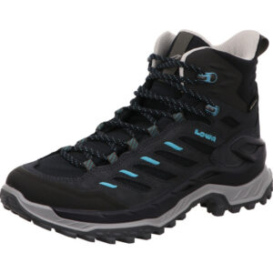 Lowa hoher Damen Wanderschuh in der Farbe dunkelblau mit hellblauen Applikationen und grauer Sohle mit gore-tex