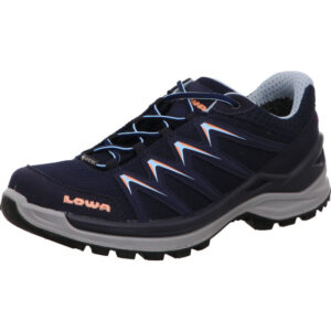 lowa innox Pro GTX Damen Wanderhalbschuh Farbe blau mit pinkfarbenen Haken mit gore-tex