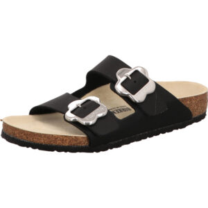 Birkenstock Arizona zwei blumenförmige Dornschnallen schwarz Material Birkoflor