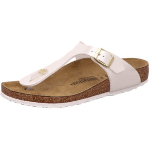 Birkenstock Kinder Giseh Zehenschuh Farbe weiß glänzend mit silberner Schnalle und braunem Fußbett