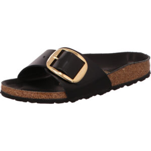 Birkenstock Madrid Big Buckle schwarz lack eine große Schnalle mit goldener Öse und schwarzem Fußbett