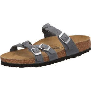 Birkenstock Franca Pantolette mit einer Schnalle oben und Schnalle über Kreuz unten  Farbe grau und silbernen Ösen