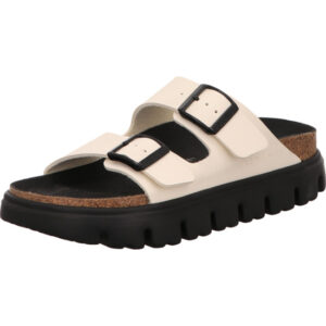 Birkenstock Arizona zwei Dornschnallen plateau Farbe offwhite schwarze Sohle Material Birkoflor
