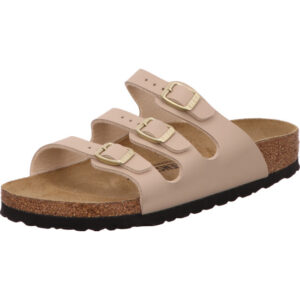 Birkenstock Florida Pantolette mit drei Schnallen Farbe sand und goldenen Ösen
