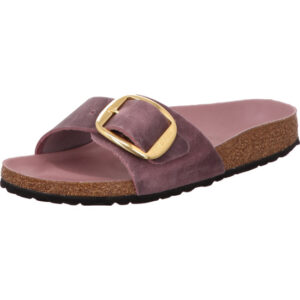 Birkenstock Madrid Big Buckle lila leder eine große Schnalle mit goldener Öse und lila Fußbett