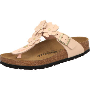 Birkenstock Giseh Zehenschuh Farbe beige mit Blumen auf dem Steg und mit silnberner Schnalle und braunem Fußbett