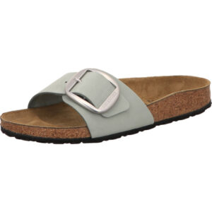 Birkenstock Madrid Big Buckle grau grün nubuk eine große Schnalle mit silberner Öse und braunem Fußbett