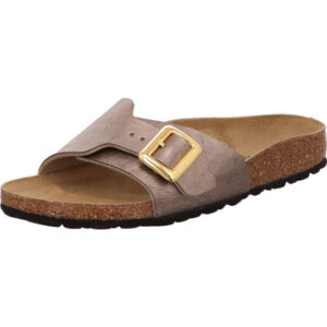 Birkenstock Catalina Cushion Buckle Pantolette Farbe taupe Material Birkoflor mit goldener Schnalle