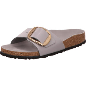 Birkenstock Madrid Big Buckle Frabe grau lack eine große Schnalle mit goldener Öse und grauem Fußbett