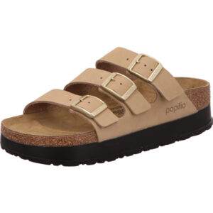 Birkenstock Florida Pantolette plateau mit drei Schnallen Farbe sand und silberen Ösen