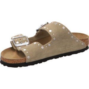 Birkenstock Arizona zwei Schnallen Farbe taupe mit Nieten Nubukleder