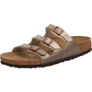 Birkenstock Florida Pantolette mit drei Schnallen Farbe taupe und goldenen Ösen