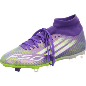 Adidas Fußballschuh F50 Leaque Mid FG MG lila mit weißen Adidas Streifen und weiß gelber Sohle mit Rasensohle