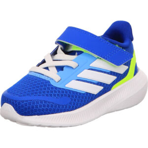 Adidas Kinder Turnschuh mit einbem KLett Rufalcon 5 EL 1 blau mit hellblau weißen Adidas Streifen gelb und heller Sohle