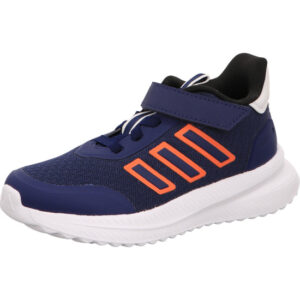 Adidas sportlicher Kinderschuh blau mit rot einem Klett oben und heller Sohle