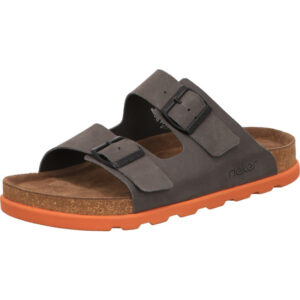 Rieker Pantolette mit zwei Schnallen in grau mit orangefarbener Sohle