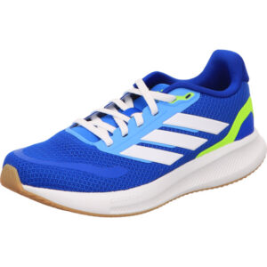 Adidas Jufend Turnschuh Runfalcon 5 J blau mit weißen Adidas Streifen und gelb und heller Sohle mit gum