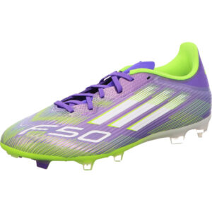 Adidas Fußballschuh F50 Leaque FG MG lila mit weißen Adidas Streifen und weiß gelber Sohle und Rasensohle