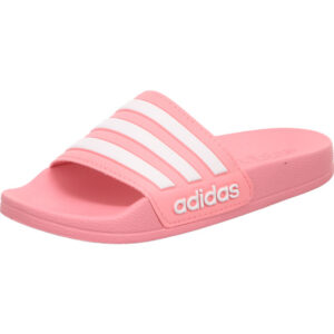 Adidas Damen Adilette Shower rose mit weißen Streifen und seitlich einen Adidas Schriftzug