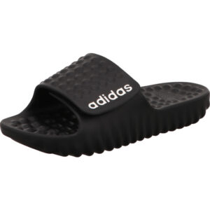 Adidas Adissage 360 REC  schwarz mit weißem Adidas Schriftzug und Noppen auf dem Fußbett