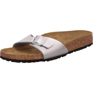 Birkenstock Madrid silber eine Schnalle mit silberner Öse und braunem Fußbett