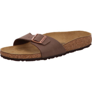 Birkenstock Madrid Mocca eine Schnalle mit bronzener Öse und braunem Fußbett