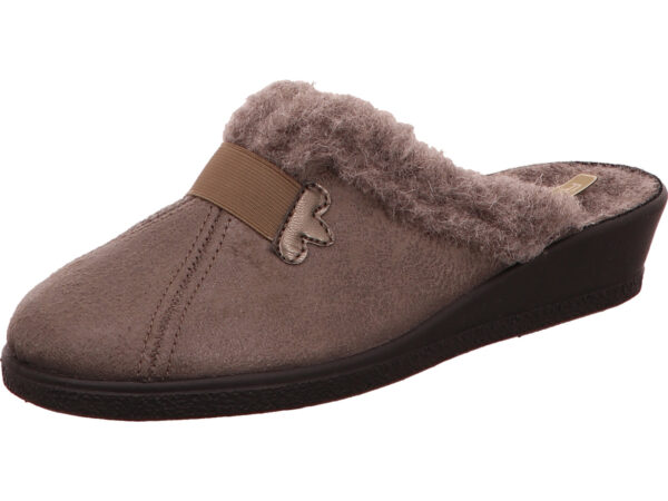 Rohde Hausschuh braun beige mit grauem Fell und schwarzer Sohle
