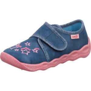 Superfit Kinder Hausschuh Mädchen blau mit pinken Sternchen und pinker Sohle mit Klett