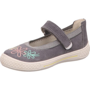 Superfit Kinderschuh Mädchen Ballerina grau silber mit Blumen und weißer Sohle