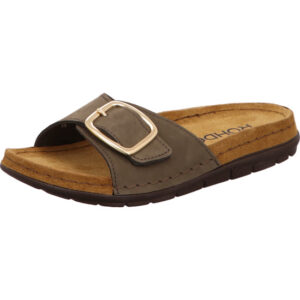 Rohde Damen Pantolette olive mit goldener Schnalle und brauner Sohle