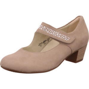 Waldläufer Damen Pumps beige mit Klett und Glitzersteinen mit brauner Sohle