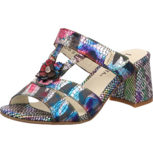 Laura Vita Damen Pantolette rot blau schwarz weiß kombi mit Dekoblumen und Klett und animal print