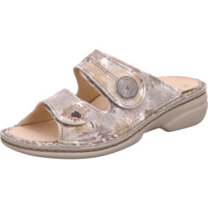 Finn Comfort Damen Pantolette beige grau Muster mit Klett und hellem Fußbett mit beiger Sohle