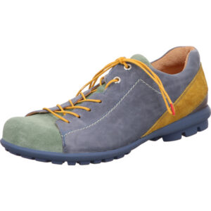 Think Herren Halbschuh Schnürer blau grün gelb mit gelber Schnürung und blauer Sohle