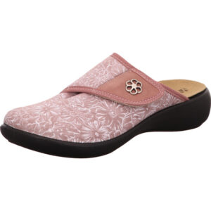 Westland Damen Hausschuh rosa mit weißen Blumen und Klett mit schwarzer Sohle