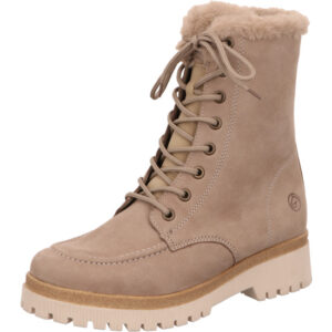 Remonte Damen Stiefelette Schürer beige mit hellem Fell und heller Sohle