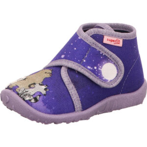 Superfit Kinder Lauflernschuh lila blau mit Bär und Waschbär und lila Sohle