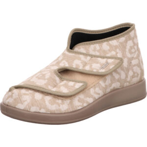 Varomed Damen Therapieschuh beige kombi mit Leoprintmuster und Klett mit beiger Sohle
