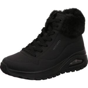Skechers Uno Damen Winterschuh hoch mit fell komplett shcwarz und offener Dämpfung