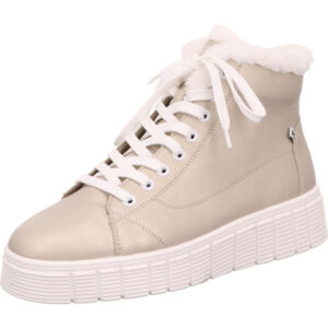 Rieker Damen Stiefelette beige mit weißer Sohle und weißem Fell