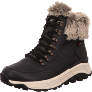 Rieker Damen Stiefelette schwarz mit grauem Fell und weißer Sohle