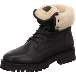Palpa Damen Stiefelette schwarz geschnürt mit schwarzer Sohle und weißem Fell