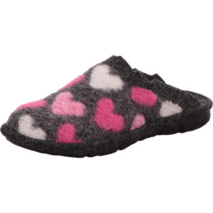 Westland Damen Hausschuh hinten offen grau mit rosa weißen Herzen und schwarzer Sohle