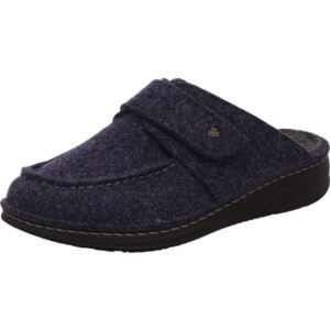 Finn Comfort Herren Hausschuh hinten offen dunkelblau mit Klett und schwarzer Sohle