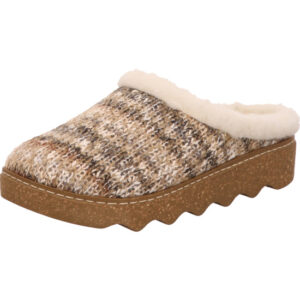 Rohde Damen Hausschuh beige braun grau kombi mit weißem Fell und brauner Sohle