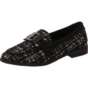 La strada Damen Loafer schwarz weiß mit schwarzer Schnalle und schwarzer Sohle