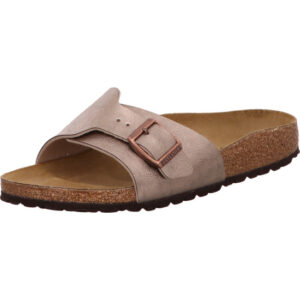 Birkenstock Catalina Pantolette taupe und Material Birkoflor mit bronzener Schnalle